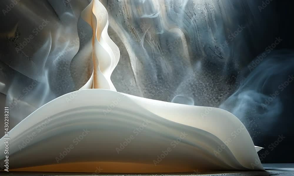 Poster abstract sculpture of flowing paper-like forms emerging from a misty background, creating a serene a