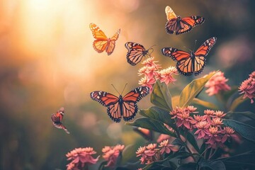 Monarch butterflies flutter around vibrant pink flowers in a sunlit garden.