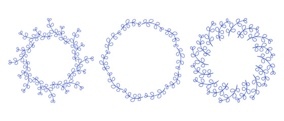 Mediterranean blue branches circle frame set. Hand drawn round line border, leaves and flowers, wedding invitation and cards, logo design and posters template. Elegant minimal style floral set