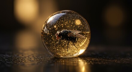 Captivating Macro Image of a Fly Trapped in a Glittering Amber Orb on Dark Surface
