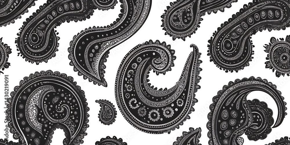 Poster a seamless pattern of paisley shapes with each shape filled with different shades or colors to creat