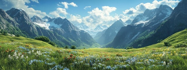 Fototapeta premium A serene mountain valley with vibrant wildflowers and majestic peaks under a clear sky.