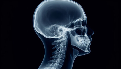 X-ray of human head and neck, black background.