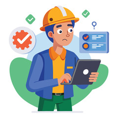 male engineer checks the program and discovers an error. Hand drawn style vector design illustrations.