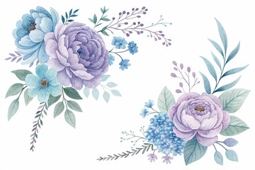 Representing natural beauty, two watercolor arrangements present a mix of blue and purple flowers with accompanying green and teal foliage on a white surface