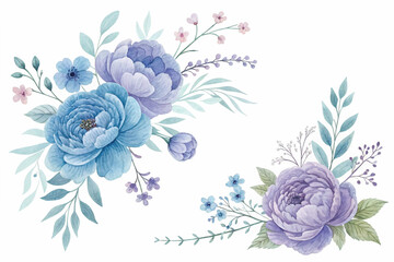 With a soft, blended watercolor style, two floral arrangements display lovely blue and purple blooms and delicate green leaves