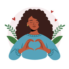 Colorful flat vector illustration of an African American woman forming a heart with her hands. A concept of self-love, body positivity, inner peace, care, and empowerment. Suitable for International