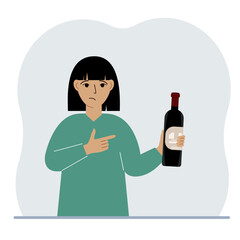 A woman holds a bottle of alcohol or wine in his hand. Sad woman suffering from severe alcohol addiction. Alcoholism abuse concept. Vector flat illustration