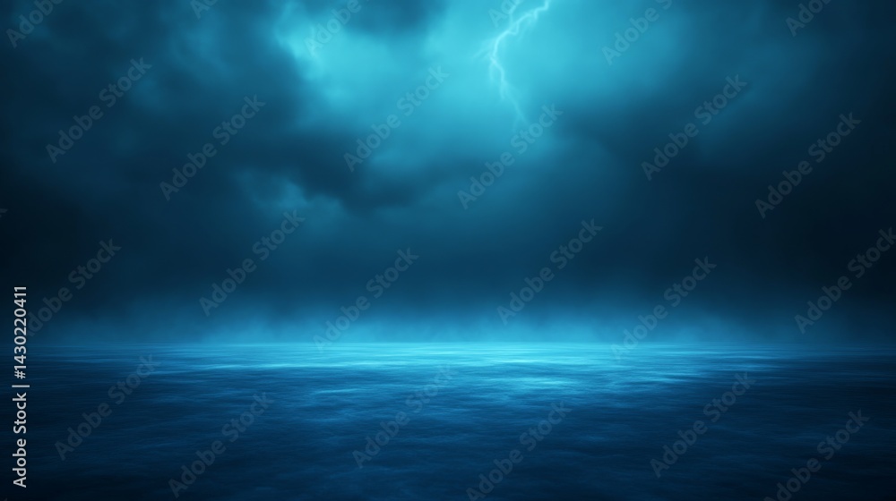 Poster dark clouds swirl ominously above the horizon as lightning flashes brightly, creating a dramatic and