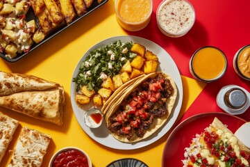 A vibrant table showcases an assortment of tacos al pastor with pineapple, surrounded by other delicious Mexican dishes for a tempting feast