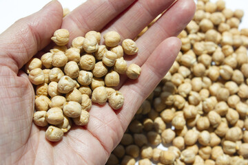 Chickpeas placed AND woman's hand