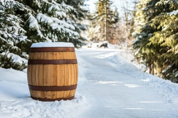 Wooden barrel stands sentinel on a snowy winter path amidst a pine forest.