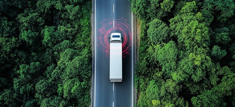 The forefront of autonomous transport is represented by a white semi-truck navigating a highway with ease, as it is enveloped by a futuristic red digital display that embodies the latest advancements