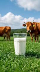 Fresh Milk Glass on Pasture with Cows Grazing in Background