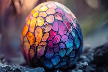Colorful decorative egg resting on rocky surface during outdoor light conditions