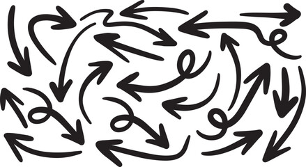 Hand drawn arrow vector icons set. Sketch arrow design for business plan and education. Set of arrows black icons. Circle arrows, rotate arrow, redo process symbol with vector file	