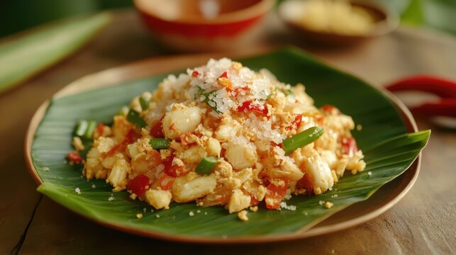 Beautifully plated som tam with salted crab on banana leaf background - Powered by Adobe