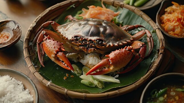 Beautifully plated som tam with salted crab on banana leaf background - Powered by Adobe
