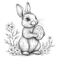 The Easter Bunny's Dance features a charming easter bunny, delicately drawn, happily poised amidst wildflowers and lush grassy details, capturing the delight and festivity of the spring season