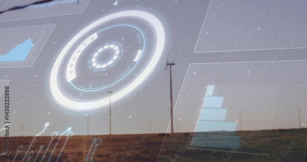 Poster wind turbines being visualized at sunset, showing flat design hud overlay with grid and charts