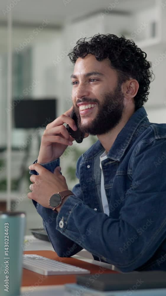 Aufkleber Phone call, negotiation and man in office with networking for client approval on project. Contact, cellphone and male creative director on mobile discussion for business communication in workplace.