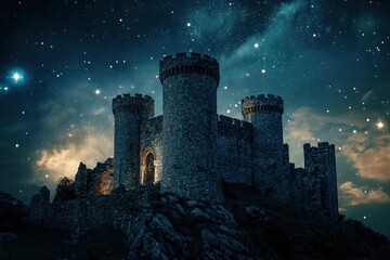 Fototapeta premium Majestic medieval castle illuminated under a starry night sky in a tranquil setting