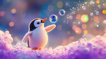 Naklejka premium Cute penguin catching floating bubbles, dreamy clouds and soft sparkles in the air