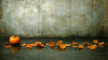 A pumpkin and fall leaves on a reflective surface set against an aged blue-gray painted background