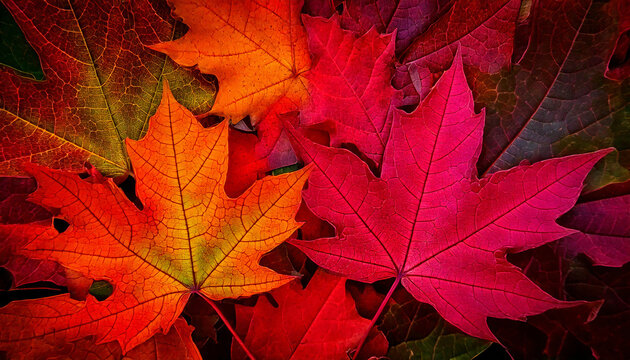 Vividly colored maple leaves in deep reds, purples, and oranges create stunning autumn display. intricate details and vibrant hues evoke sense of warmth and beauty