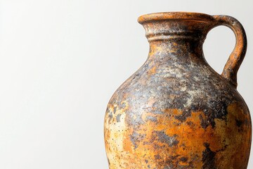 A rustic, aged terracotta jug with a textured surface and a handle, evokes a sense of antiquity.
