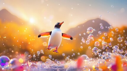 Penguin joyfully leaping through iridescent bubbles with dreamy hills in the background