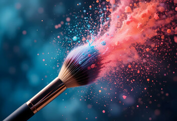 Makeup Brush Releasing A Burst Of Fine Colorful Powder Mid-air In Slow Motion Colors Splash Effect Macro Shot Background Blur