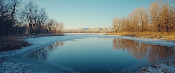 Serene winter landscape reflecting icy lake and distant snow-capped mountains