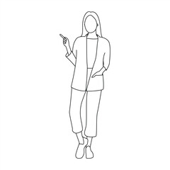 Outline Illustration of Woman Pointing with One Hand, Minimal Line Art of Female in Blazer Style Pose
