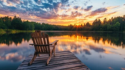 A serene sunset over a calm lake with a wooden chair on a dock.