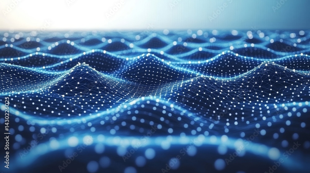 Poster a complex digital network is represented abstractly through blue glowing dots and lines that form in