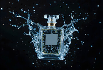 Perfume Bottle Captured Mid-Air With Dynamic Water Splashes Around It, Isolated On A Black Background, Product Photography Concept Image