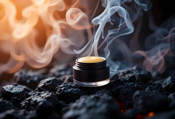 Luxurious Lip Balm With Smoke Swirling Gently Around The Cap,And Dark Glowing Charcoal Surface ,Cosmatic Product Photography Concept