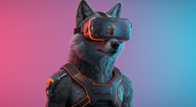 Futuristic wolf with VR headset displaying moose calf against gradient background