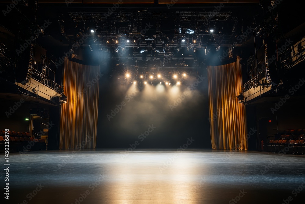 Poster A wide-angle view captures an empty theater stage with rich golden curtains illuminated by a soft spotlight