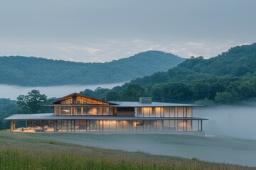 Naklejka premium Modern house nestled in misty mountains at dawn.