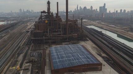 Fototapeta premium Solar panels installed next to steel plant as renewable integration