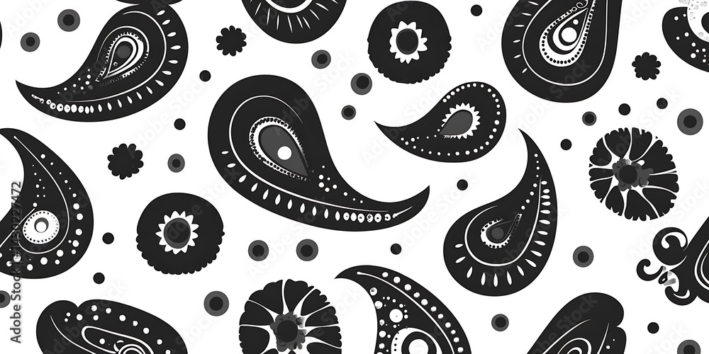 Poster a seamless pattern of paisley shapes with each shape filled with different shades or colors to creat