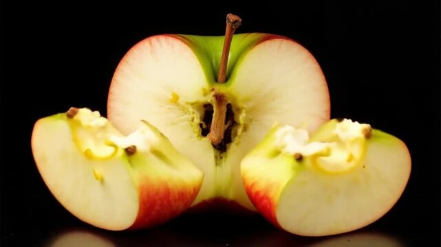 A perfectly halved red apple reveals its juicy flesh and seeds against a black background a vibrant fruit image