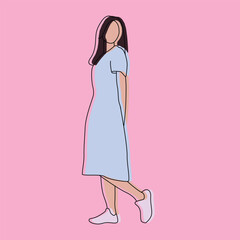 Offset Outline Woman in Casual Dress Pose, Artistic Misaligned Line Drawing of Female Character