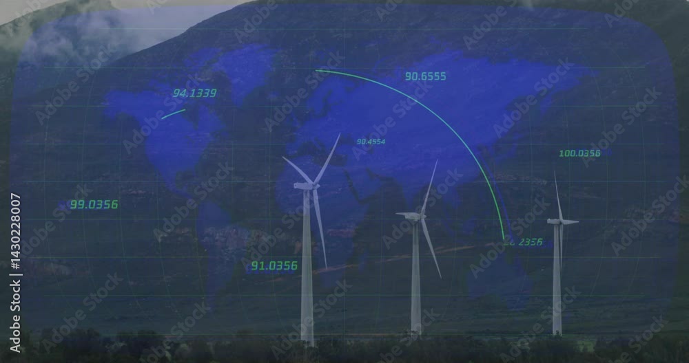 Aufkleber three white wind turbines generating energy on grassy plain, showing 3d grid lines and data arcs