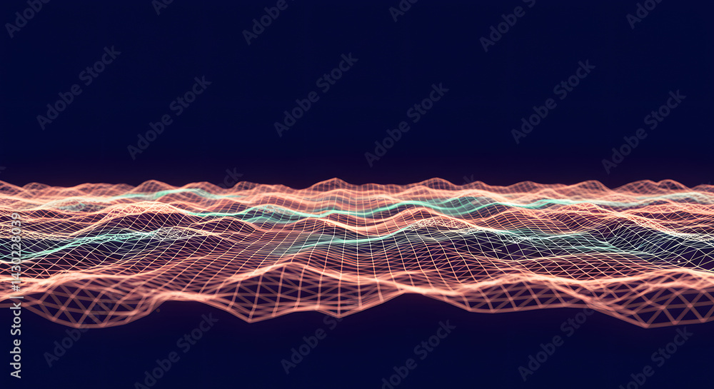 Poster abstract wireframe landscape with dynamic undulations on dark background