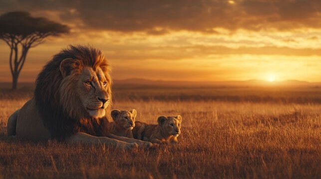 Majestic male lion with two cubs at sunset in African savanna.