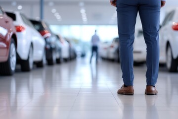 Fototapeta premium A customer inspects a pre-owned car in a dealership showroom filled with bright ambient lighting, highlighting the available vehicles and creating an inviting atmosphere