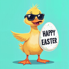 Naklejka premium Cheerful Cartoon Duckling with Sunglasses Holding Festive Easter Egg Against Teal Background